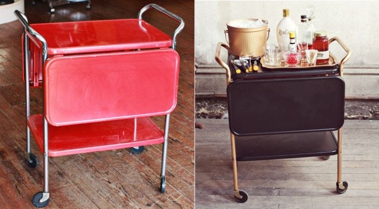 <p>Emma at <a target="_blank" href="http://www.abeautifulmess.com/">A Beautiful Mess</a> transformed this little retro-red cart into a grown up black-and-gold bar. All this easy makeover required? Spray paint.</p>
<p><a target="_blank" href="http://www.abeautifulmess.com/2012/07/a-restyled-liquor-cart.html">Get the full tutorial at A Beautiful Mess »</a></p>
