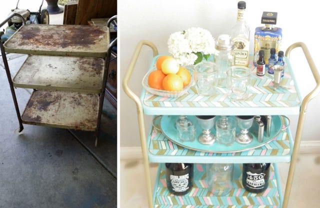 Chevron Style <p>Too rusty to salvage? <a target="_blank" href="http://addisonmeadowslane.com/diy-bar-cart/">Addison Meadows Lane</a> wasn't daunted when she spotted a seriously grungy garage sale find. She turned it into this cute, chevron-patterned cart.</p>
<p><a target="_blank" href="http://addisonmeadowslane.com/diy-bar-cart/">See more at Addison Meadows Lane »</a></p>