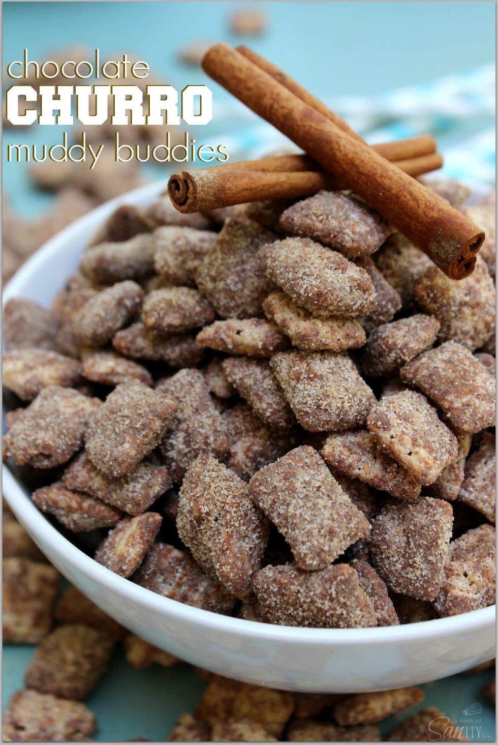 <p>Cinnamon and chocolate is a classic combination. Most churros actually come with a chocolate sauce, but who has time to DIP? These muddy buddies save you all the trouble. Just be warned: Once you start eating crunchy churro pieces covered in chocolate ganache, you won't be able to stop. </p>
<p>Get the recipe from <a target="_blank" href="http://www.adashofsanity.com/2014/09/chocolate-churro-muddy-buddies/">A Dash of Sanity</a>.</p>
