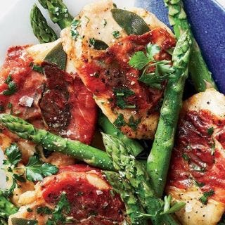 Star chef Mario Batali makes his version of the classic Italian saltimbocca with tender chicken and the sweet Italian dessert wine called vin santo.Recipe: Chicken Saltimbocca with Asparagus