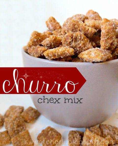 <p>If you're having a party, Chex Mix is a required presence. But if you want your Cinco Celebration to be the end-all fiesta, make sure <em>Churro</em> Chex Mix makes an appearance. Caution: When you're preparing, be careful not to overheat your cinnamon chips...or eat them all before they make it to a microwave. </p>
<p>Get the recipe from <a target="_blank" href="http://www.sweetcharli.com/2013/08/churro-chex-mix.html">Sweet Charli</a>.</p>

