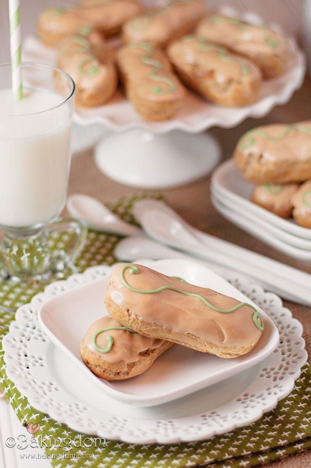 <p>Instead of a heavy pie, try a light and airy eclair version with an apple pie filling and caramel glaze.</p>
<p>Get the recipe from <a target="_blank" href="http://bakingdom.com/2012/11/apple-pie-eclairs-caramel-glaze.html">BakingDom</a>.</p>
