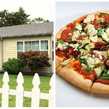 Window, Picket fence, Food, Property, Cuisine, Pizza, Baked goods, Finger food, House, Vegetable, 