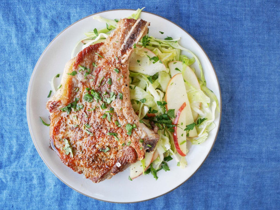 seared pork chops with apple cabbage slaw