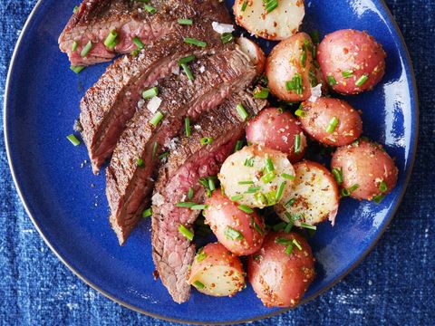 grilled flank steak with mustardy potato salad