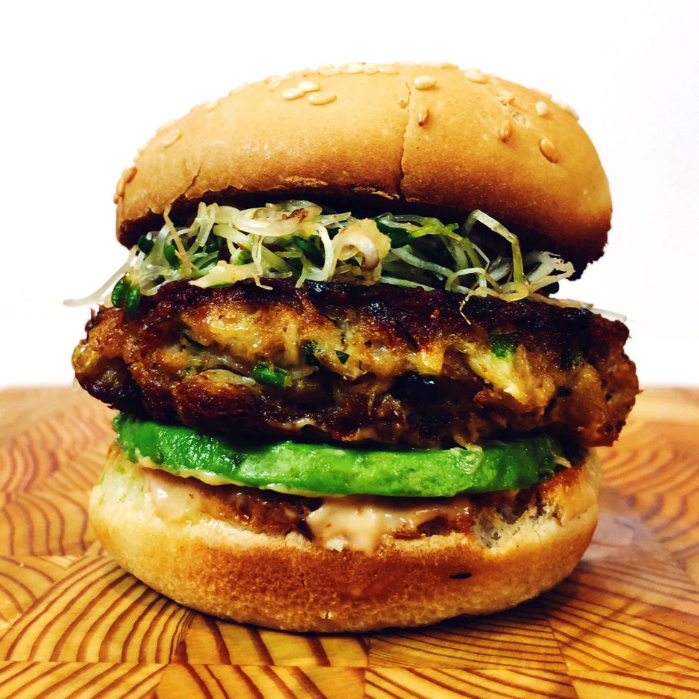 Dish, Food, Hamburger, Veggie burger, Cuisine, Buffalo burger, Original chicken sandwich, Salmon burger, Ingredient, Patty, 