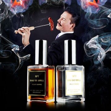 Fluid, Bottle, Liquid, Perfume, Music artist, Glass bottle, Advertising, Wind instrument, Tuxedo, Smoke, 