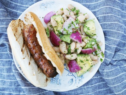 grilled italian sausages with white bean and avocado salad