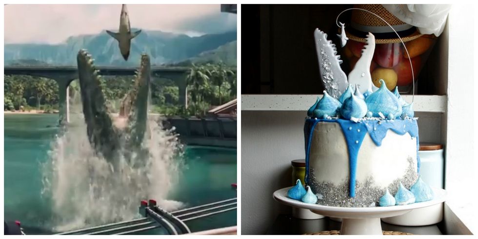 <p>We had to show you a side-by-side of <a target="_blank" href="https://www.youtube.com/watch?v=xUC1-DfLmAk">Koalipops' masterpiece</a>: A great white shark cookie dangles perilously over this meringue-topped and white-chocolate-ganache-dripping cake. <strong>Get the <a target="_blank" href="https://www.youtube.com/watch?v=xUC1-DfLmAk">tutorial</a>.</strong></p>
