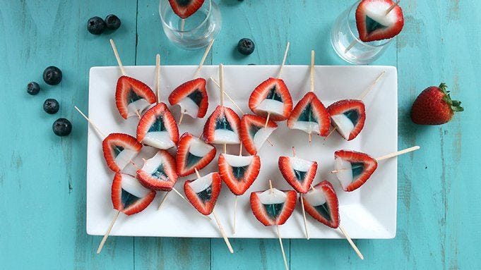 red, white, and blue strawberry jelly shots