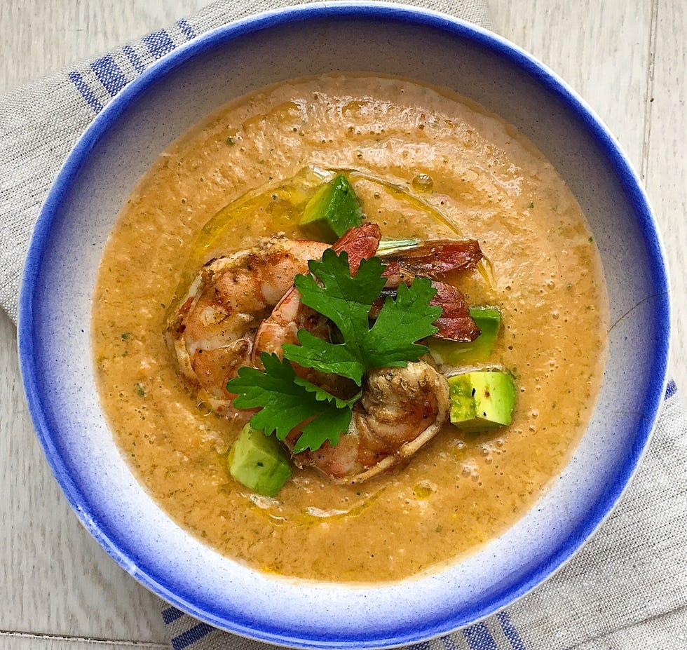 tomato gazpacho with avocado and grilled shrimp