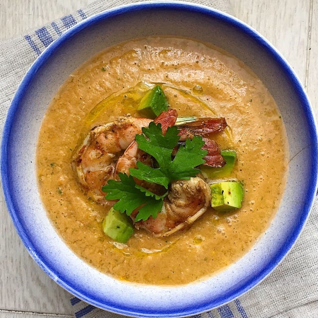 tomato gazpacho with avocado and grilled shrimp