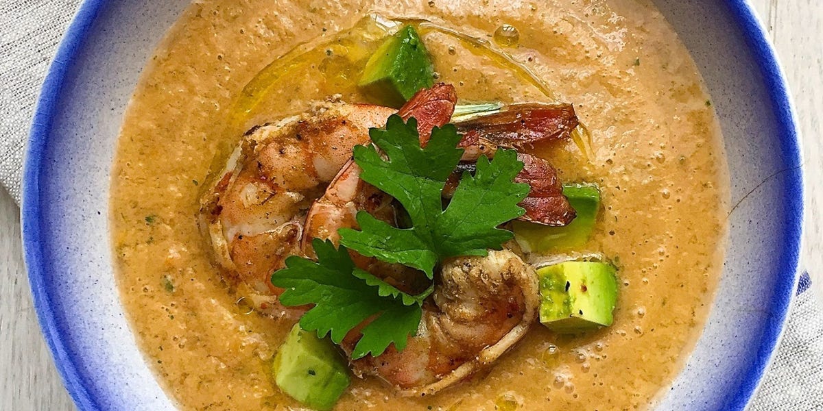 Tomato Gazpacho with Avocado and Grilled Shrimp