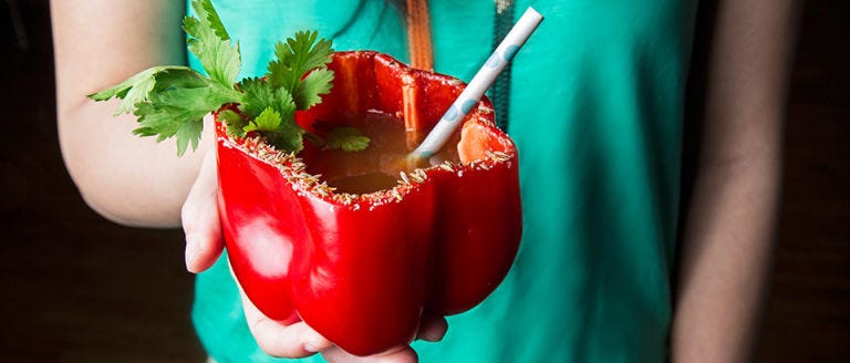 <p>Hollow out bell peppers and serve your own signature <a target="_blank" href="http://www.countryliving.com/food-drinks/recipes/a3448/bloody-mary-recipe-clv0910/">Bloody Mary recipe</a> inside. Coat the edges of the pepper with a mixture of salt and cumin, and watch your guests faces when you serve them up this cool cocktail.</p>
<p>Get the recipe at <a target="_blank" href="http://www.tastingtable.com/entry_detail/chefs_recipes/19298/Recipe_The_Botanist_Spicy_Tequila_Cocktail.htm">Tasting Table</a>.</p>

