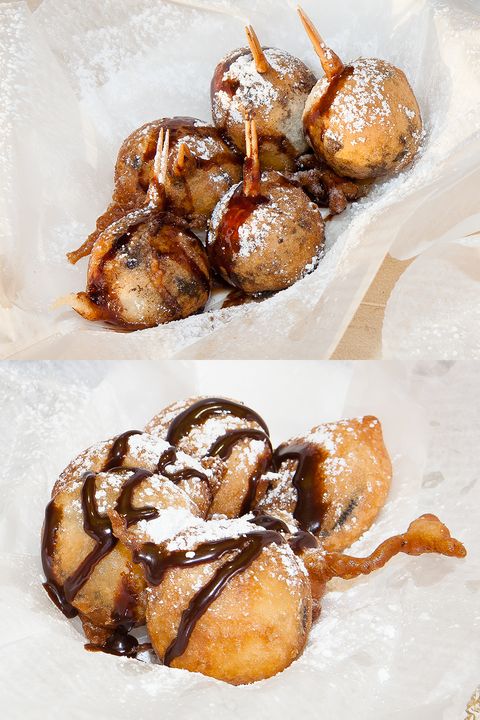By far, deep-fried Oreos (bottom photo) are the most popular item Brian "the deep-fry guy" Shenkman sells at his stands—and for good reason: When deep-fried, the Oreo basically liquifies, getting you as close to Oreo cookie dough (AKA nirvana) as you can get. If you love that, you've got to try the deep-fried buckeyes, which are essentially balls of peanut butter dough dipped in chocolate, then batter-dipped and fried. It's like the love child of a Reese's Cup and cookie dough.
