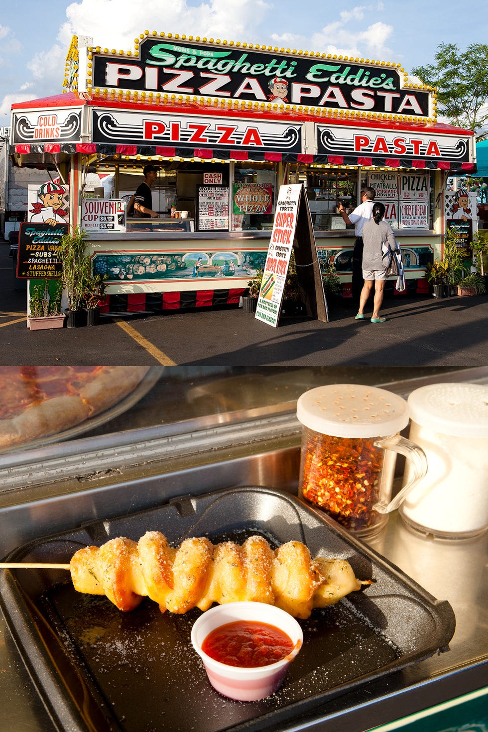 If you ask fair employees where they eat dinner, many will direct you straight to <a target="_blank" href="https://www.facebook.com/pages/Spaghetti-Eddies/135727296520199">Spaghetti Eddie's</a>. The kiosk specializes in classic Italian food, but when it comes to the Holy Grail of Fair Foods—something deep-fried on a stick—the shop doesn't disappoint: The Super Stick features pepperoni and pepperjack cheese threaded on a kabob, dipped in a garlic tempura batter and deep-fried. The batter is lighter than most fried foods, so you won't feel like you've downed a bowling ball of grease after trying one (or three).
