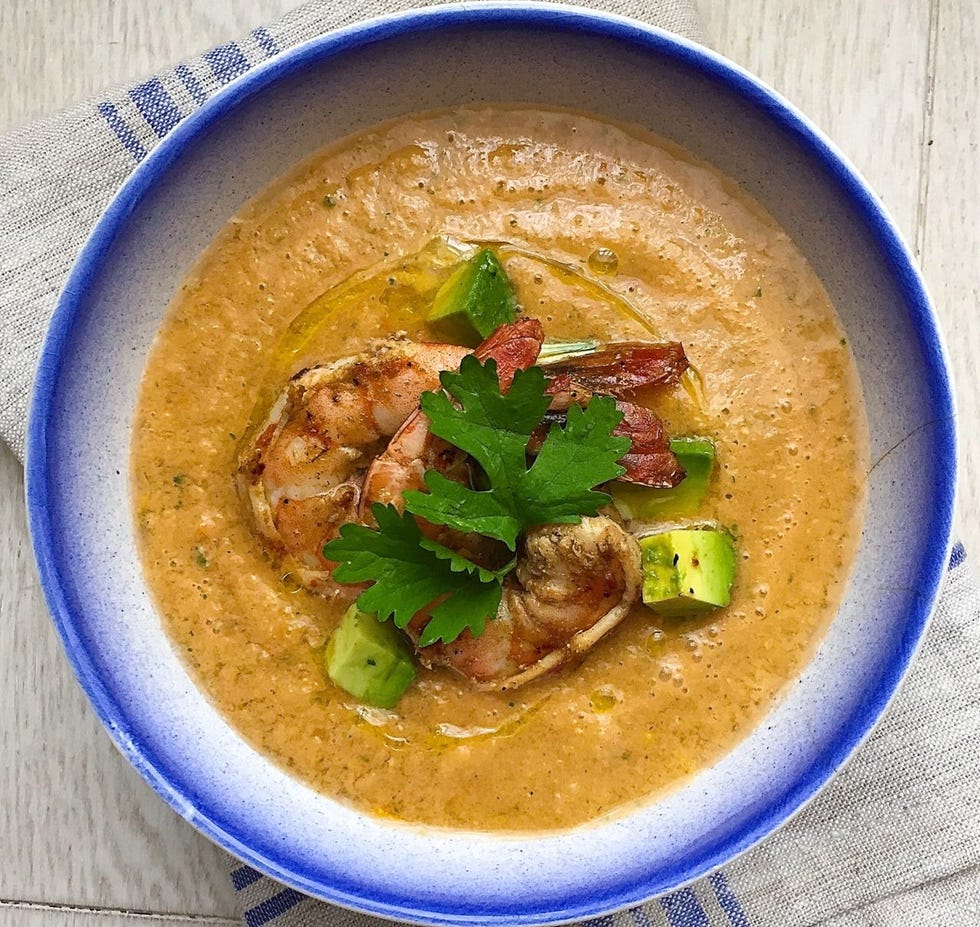 tomato gazpacho with avocado and grilled shrimp