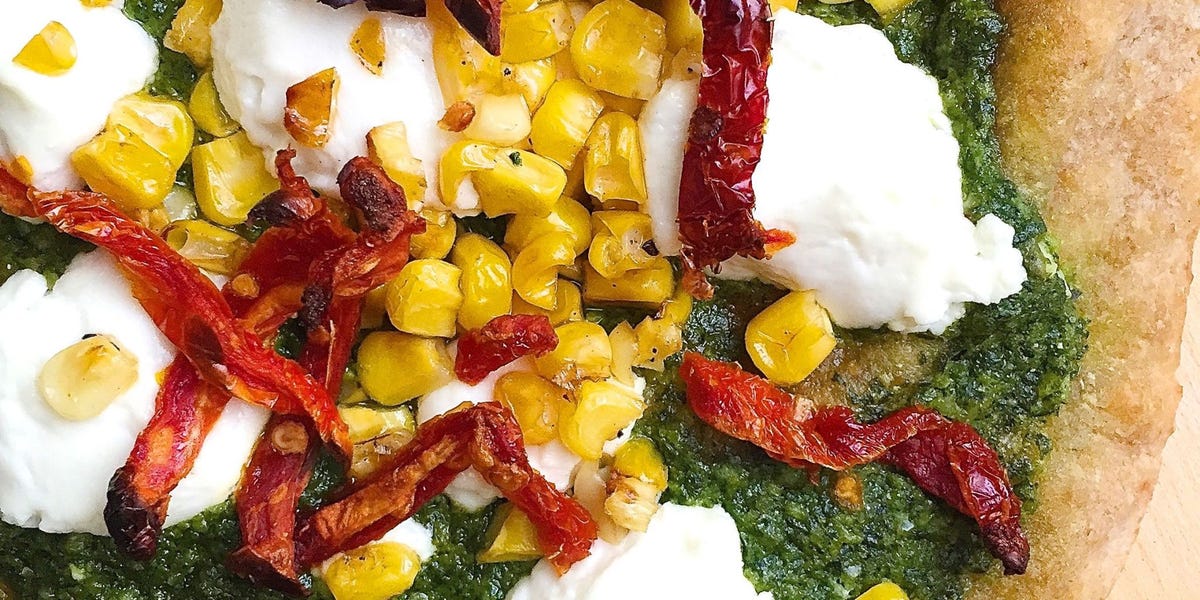Flatbread Pizzas with Pesto, Corn, Goat Cheese and Sundried Tomatoes