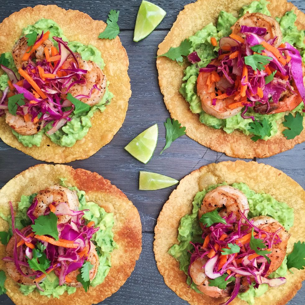 grilled shrimp tostadas with guacamole and red cabbage slaw