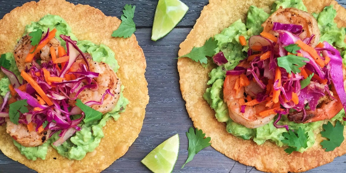 Grilled Shrimp Tostadas with Guacamole and Red Cabbage Slaw