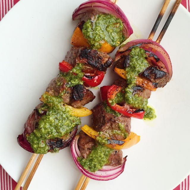 Grilled Steak Skewers with Chimichurri - Delish.com grilled steak skewers with chimichurri