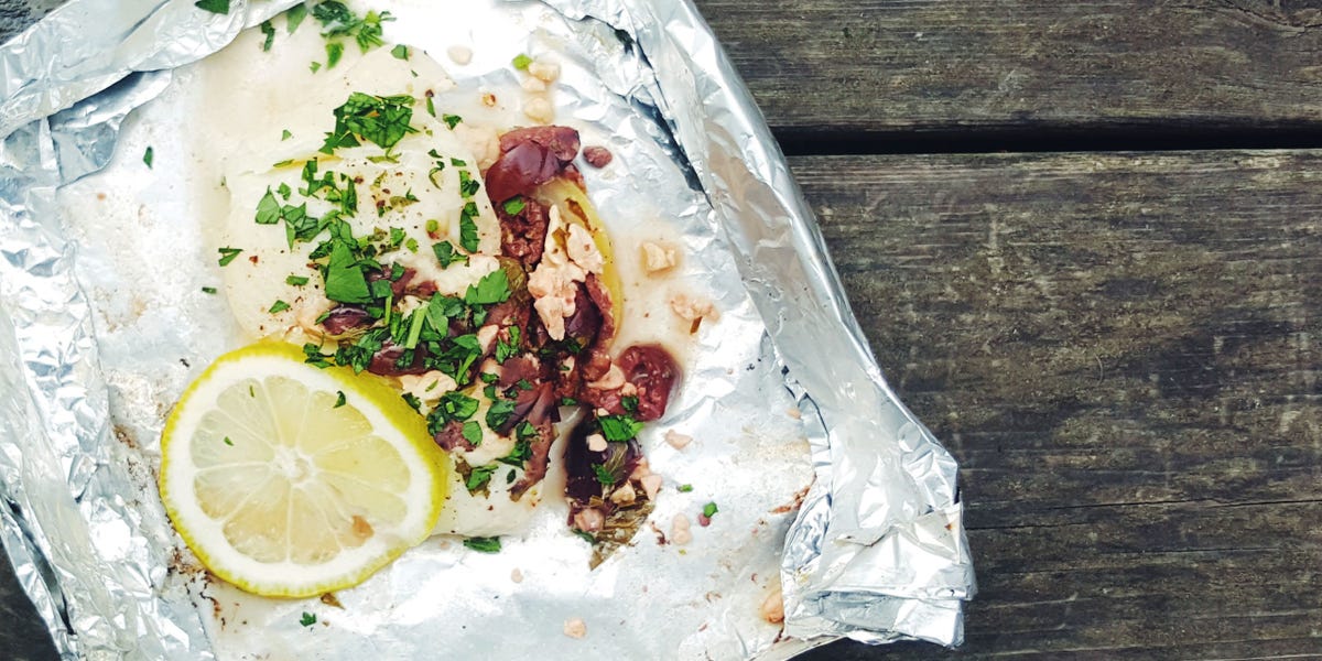 Foil Pack Halibut with Feta and Olives