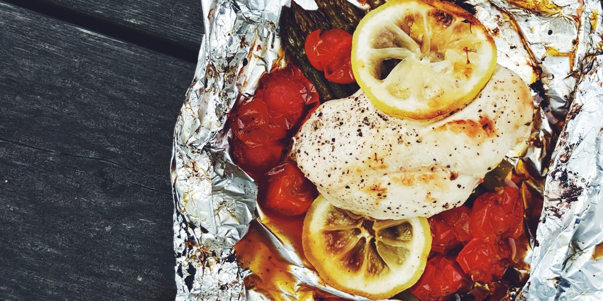 Foil Pack Chicken with Asparagus and Rustic Tomato Sauce