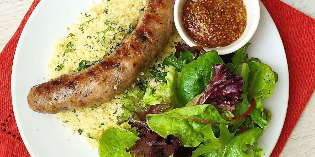 Grilled Sausages with Dijon-Apricot Mustard and Herbed Couscous and Salad