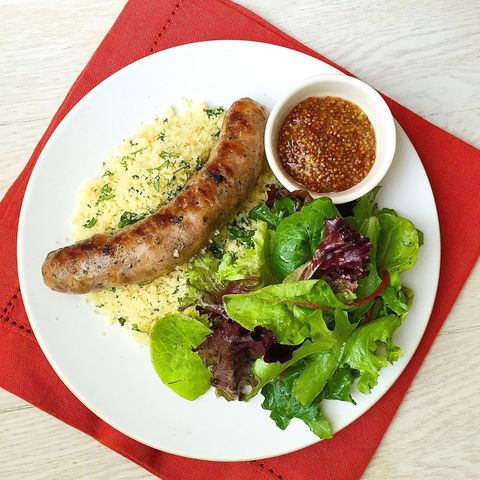 grilled sausages with dijon apricot mustard and herbed couscous and salad