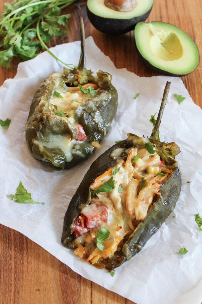 <p>The best kind of vegetables are Tex-Mex stuffed vegetables. Duh.</p><p>Get the recipe from <a href="http://bitesofbri.com/2014/09/chicken-corn-stuffed-poblano-peppers/">Bites of Bri</a>.</p>