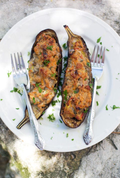 <p>Eggplant stuffed with pork, vegetables, and spices is hearty enough for a main dish.</p><p>Get the recipe from <a href="http://www.latartinegourmande.com/2011/04/20/the-colors-turks-and-caicos-stuffed-eggplant/">La Tartine Gourmande</a>.<span></span></p>