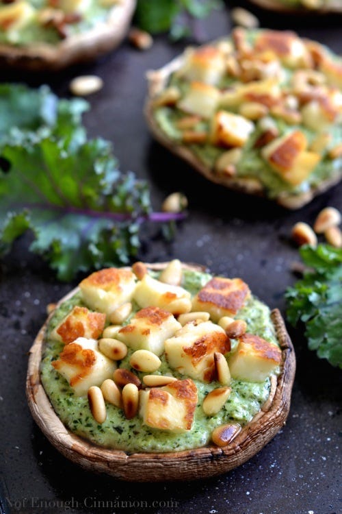 <p>Earthy mushrooms compliment the creamy Ricotta and nutty pesto.</p><p>Get the recipe from <a href="http://notenoughcinnamon.com/2014/03/19/stuffed-portobello-mushrooms-ricotta-pesto-grilled-haloumi/">Not Enough Cinnamon</a>.<span></span></p>