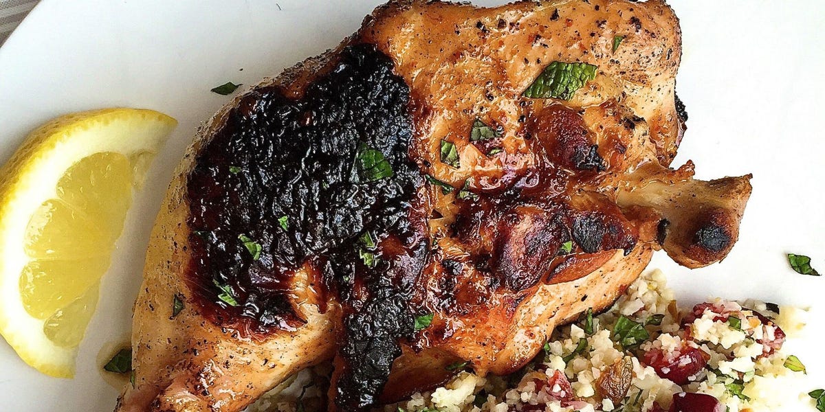 Spicy Chicken Legs and Cauliflower Couscous with Cherries, Pistachios, and Mint