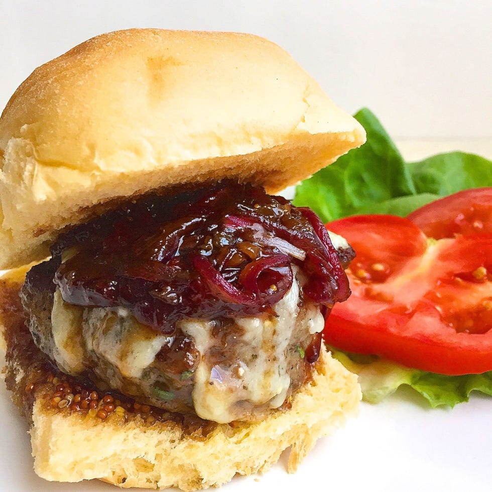 Rosemary Garlic Burgers with Gruyere and Balsamic-Glazed Onions