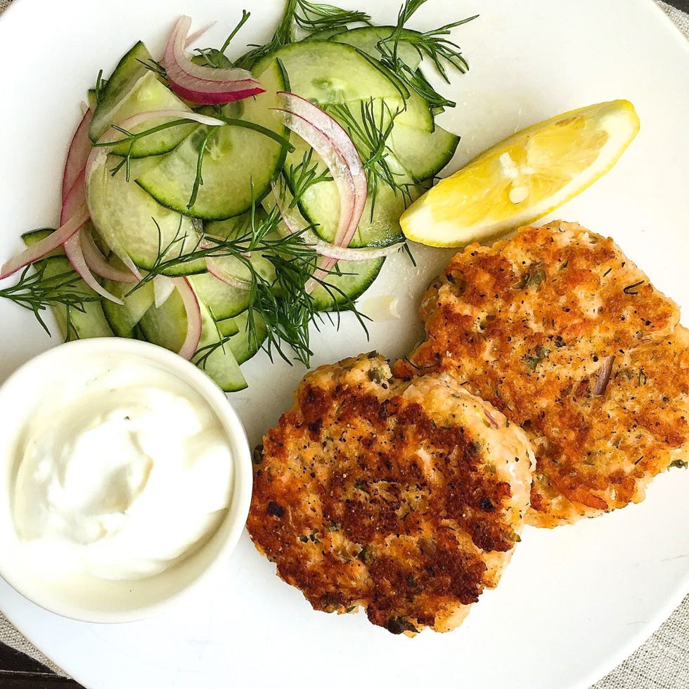 Salmon Cakes with Lemon-Yogurt and Cucumber Dill Salad