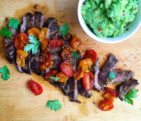grilled skirt steak with blistered tomatoes and guacamole