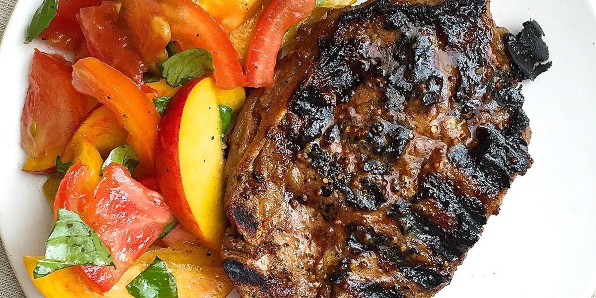 Dijon Grilled Pork Chops with Tomato and Peach Salad