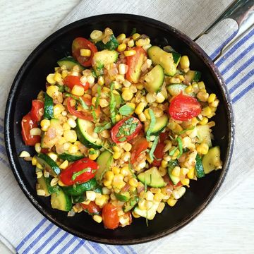 Summer Skillet: Corn, Zucchini, Tomato, and Basil Saute