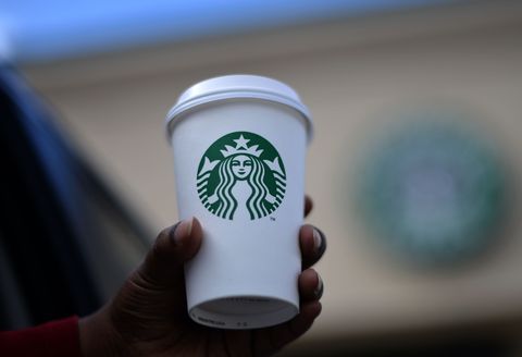 Woman's hand holding Starbucks cup