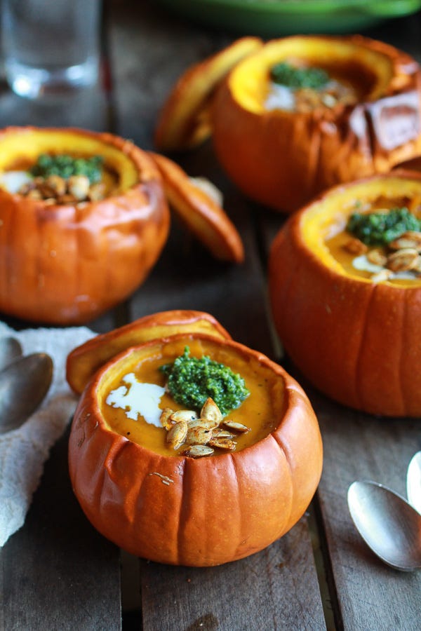 Roasted Garlic Sage Pesto Pumpkin Soup