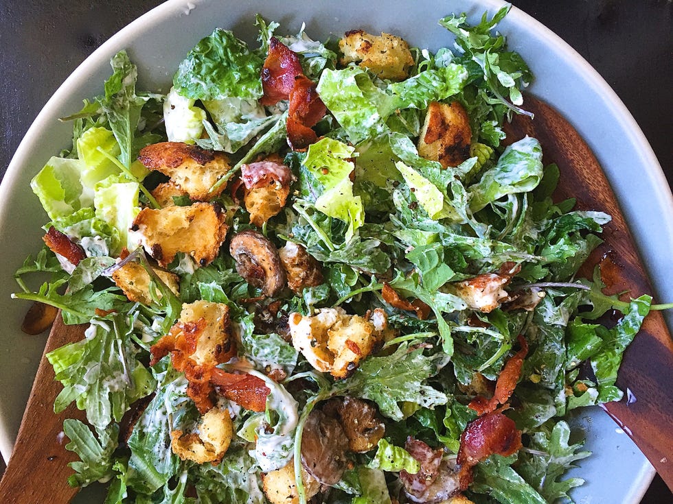 Crunchy Salad with Bacon-Ranch Croutons, Mushrooms, and Goat Cheese
