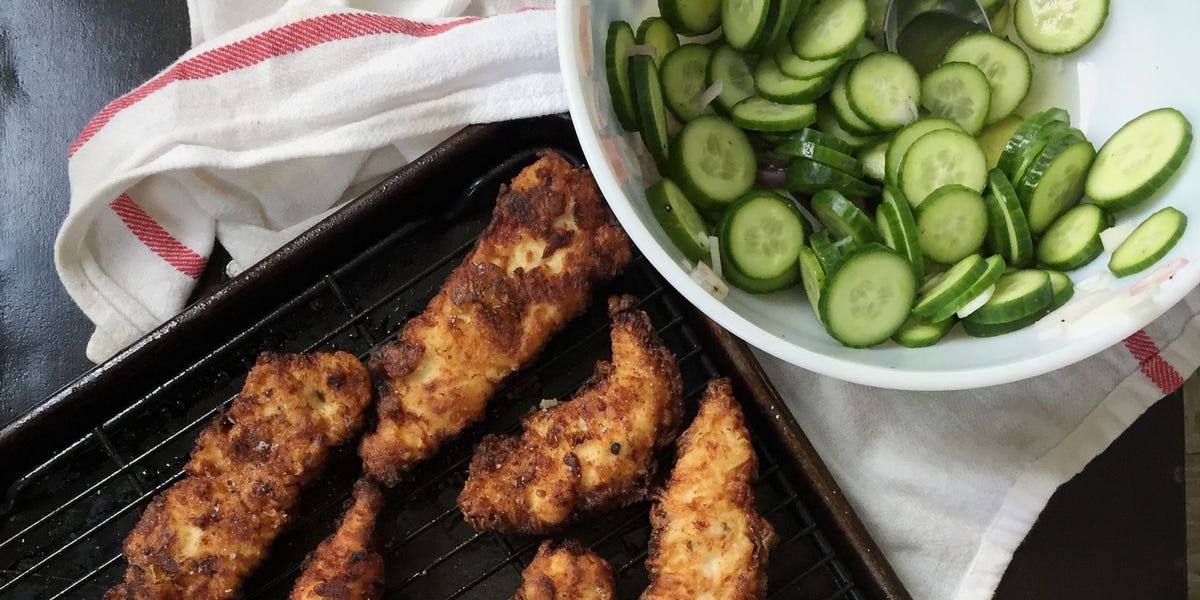 Crispy Ranch Chicken Strips with Lemony Yogurt and Cucumber Salad
