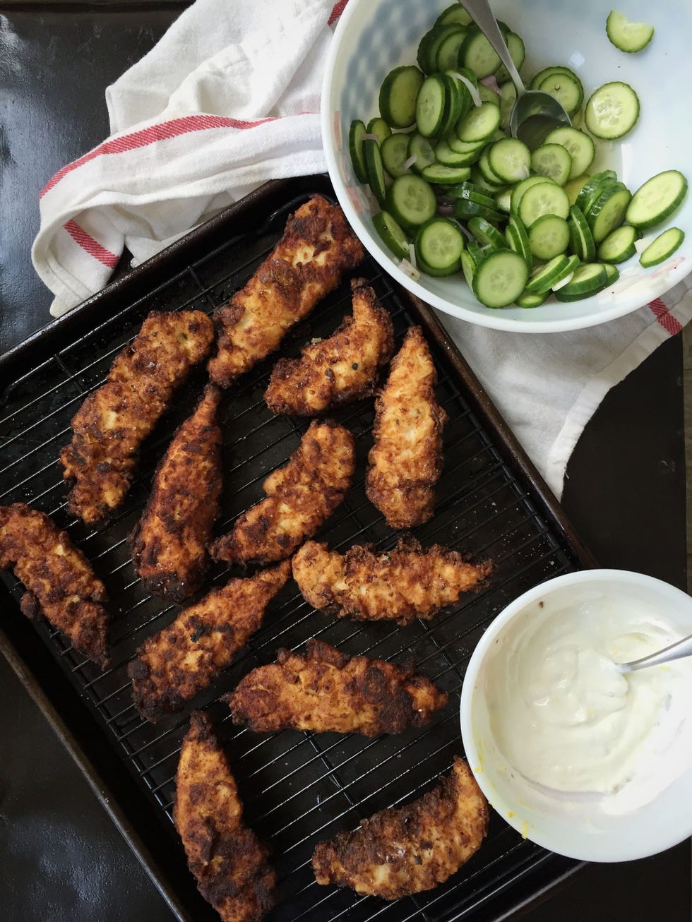 crispy ranch chicken strips with lemony yogurt and cucumber salad