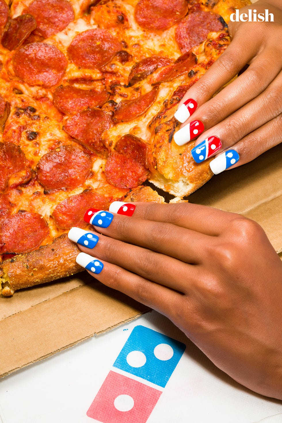 Finger, Nail, Amber, Pizza, Nail care, Baked goods, Nail polish, Ingredient, Recipe, Pepperoni, 