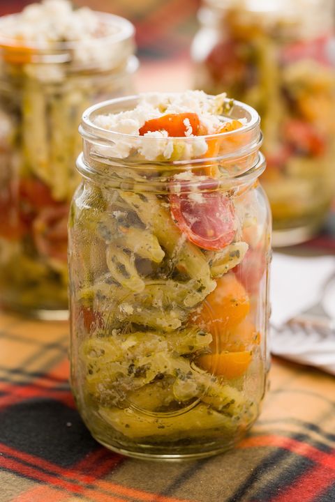 pesto pasta salad in a jar