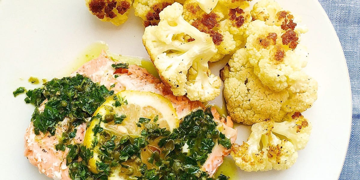 Roasted Salmon and Cauliflower with Parsley-Caper Sauce