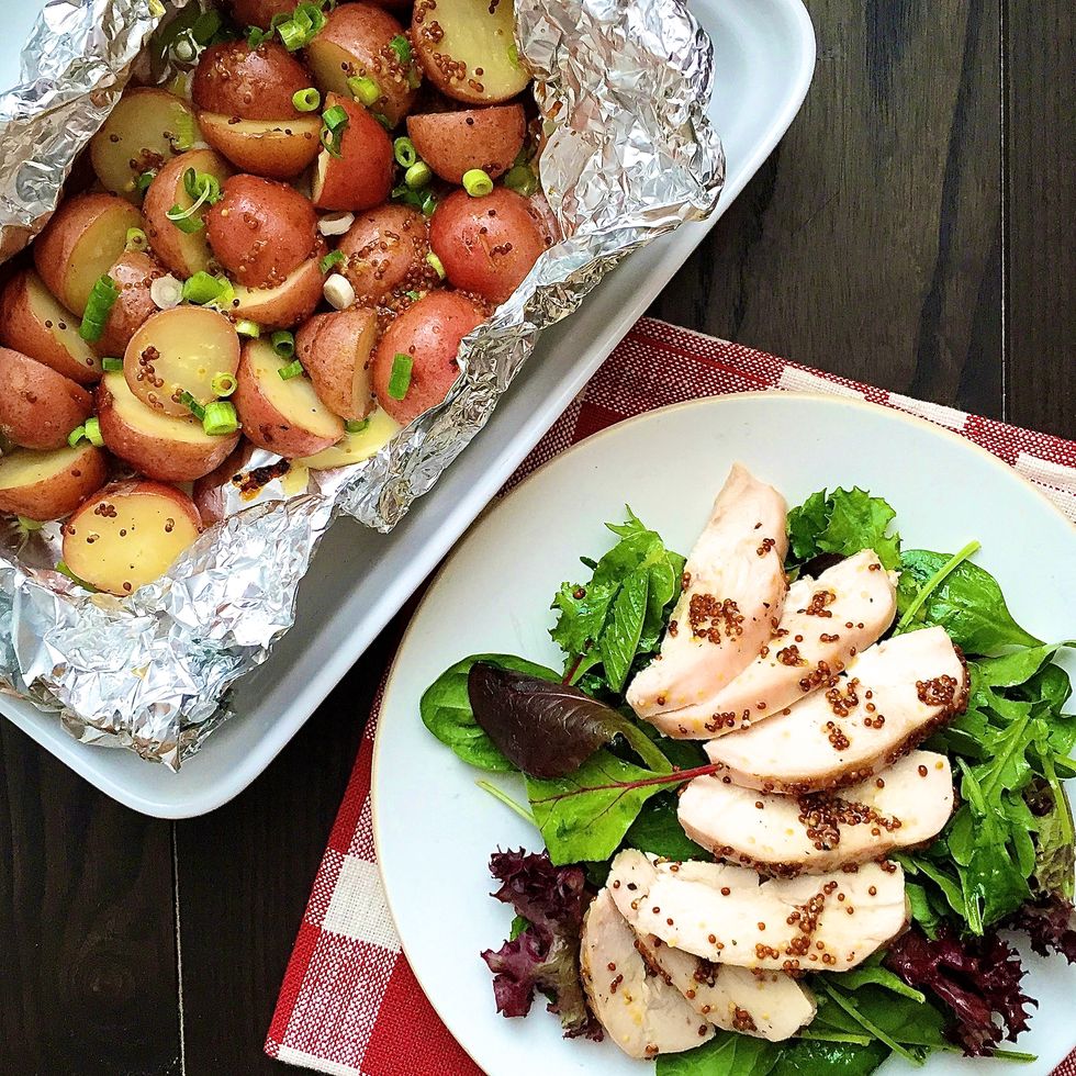 Honey Mustard Roasted Chicken and Potatoes with Mixed Greens
