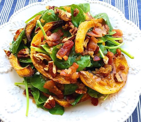crispy butternut squash salad with spinach, toasted pecans, and bacon shallot vinaigrette