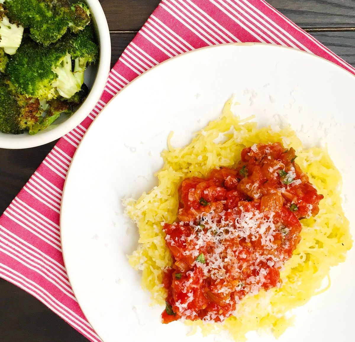parmesan spaghetti squash with tomato sauce and roasted broccoli