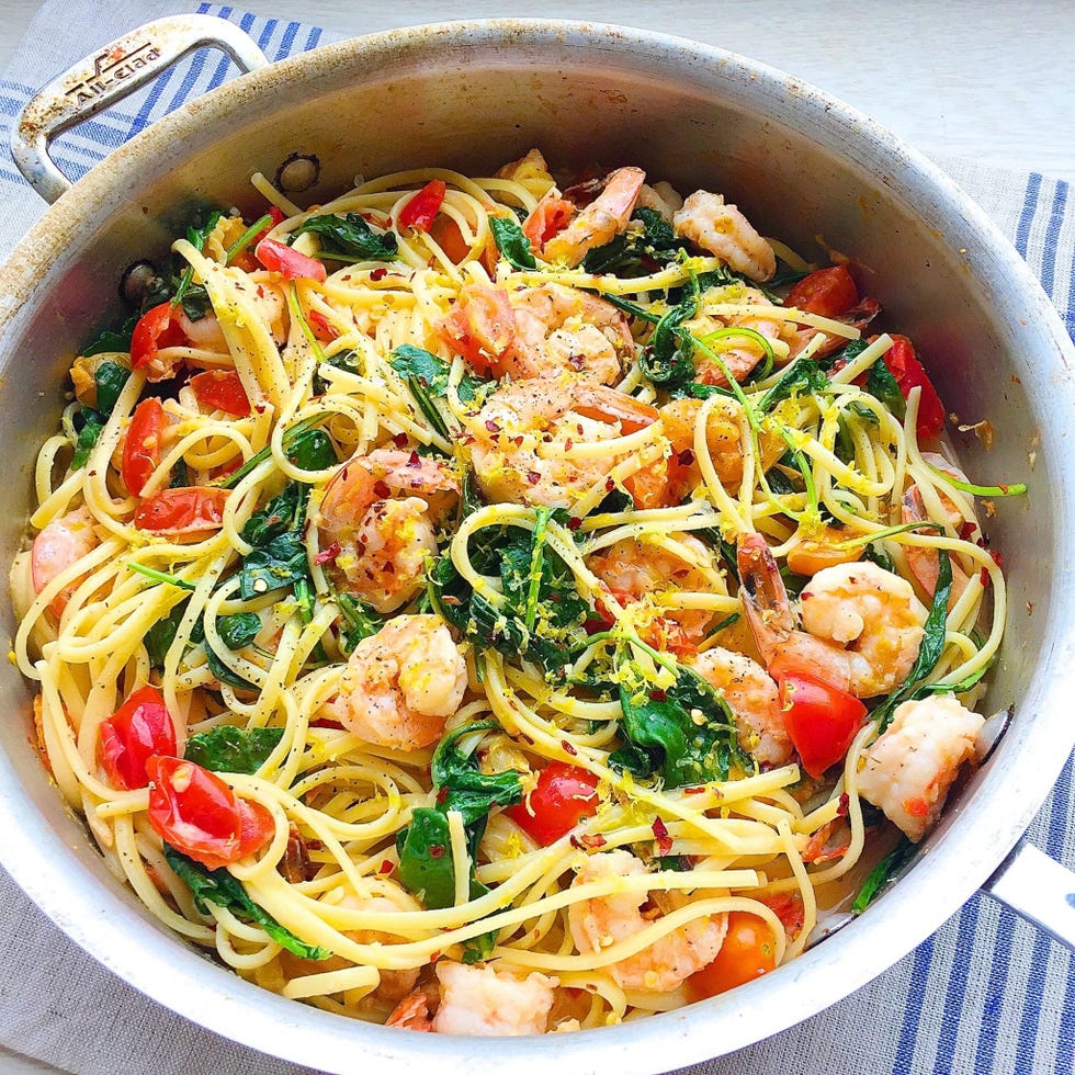 creamy shrimp linguine with tomatoes, baby kale, and lemon zest